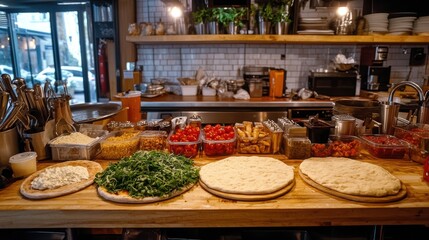 Flat Lay Photograph of Pizza Making Station with Fresh Ingredients Display