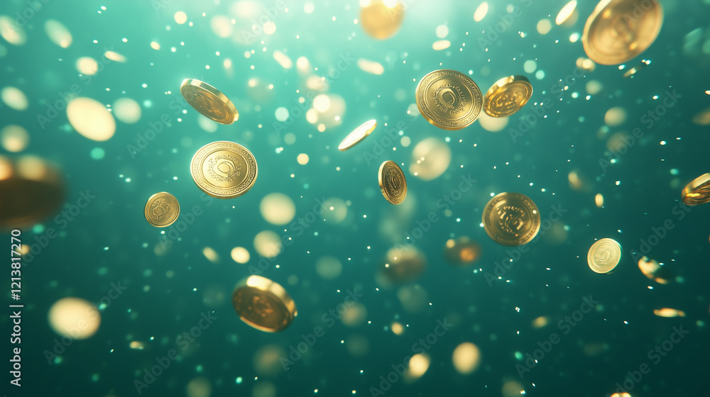 Poster golden rain: abstract image of numerous golden discs falling through a teal liquid, creating a mesme