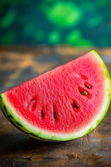 A slice of watermelon sitting on top of a wooden table
