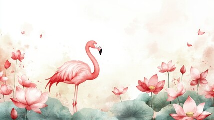 A serene illustration featuring a graceful flamingo amidst vibrant pink lotus flowers, creating a tranquil and harmonious natural scene.