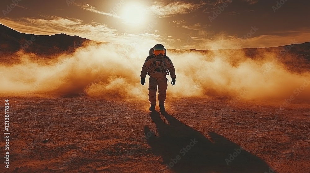 Poster a lone astronaut walking across the dusty surface of mars.