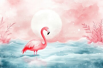 Naklejka premium A serene watercolor painting of a pink flamingo standing in tranquil waters, surrounded by soft pink hues and gentle waves under a glowing moon.