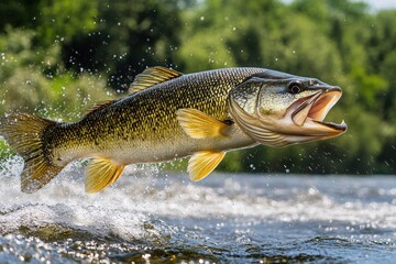 Obraz premium Fish jumping out of water with splashing drops and blurred green background in nature