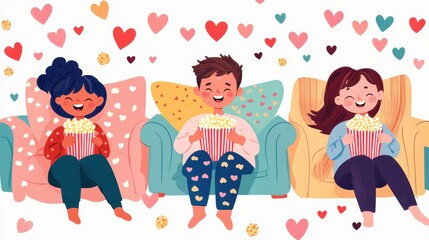 Playful Cartoon Illustration of Friends in Pajamas Watching Movie Together