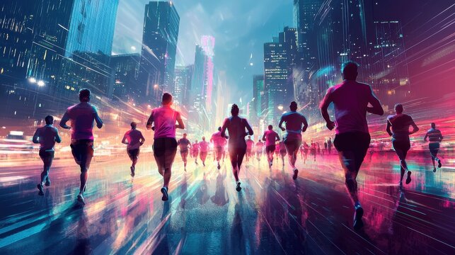 Dynamic scene of runners racing through a vibrant city at night, showcasing speed, energy, and urban life in a colorful, blur-filled environment.