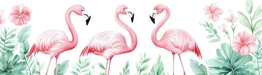Fototapeta premium A vibrant illustration featuring three elegant flamingos surrounded by lush tropical foliage and beautiful flowers, creating a serene and colorful scene.