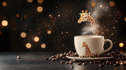 Whimsical Giraffe Coffee Cup with Smoke and Bokeh Background for Creative Beverage Concepts