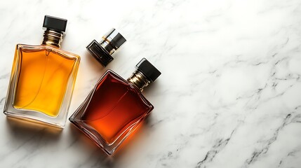 Elegant perfume bottles on marble background