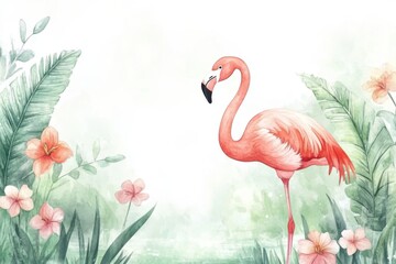 A vibrant watercolor illustration of a pink flamingo surrounded by tropical foliage and flowers, capturing the beauty of nature and wildlife.