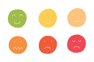 Set Colorful Naive Emoji Smile Face. Doodle Collection Smiley Emoticon Icon. Hand Drawn Vector Illustration
