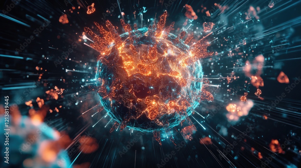 Poster abstract view of exploding earth with blue and orange particles