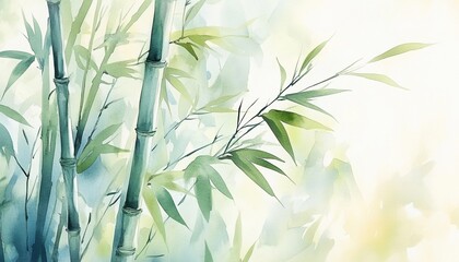 Serene Watercolor Painting of Bamboo Stalks and Leaves