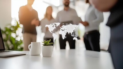 Driving Business Success Through Strategic Management and Expansion, Collaborative workspace with a world map overlay, highlighting business discussions among team members.