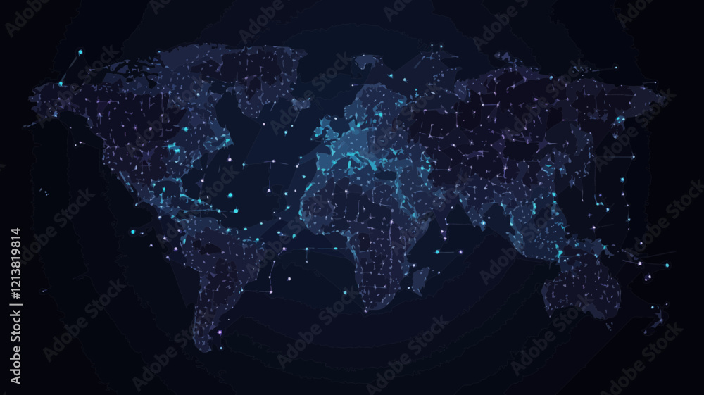 Poster abstract wireframe world map in starry sky vector - global network and connections, minimalist unive