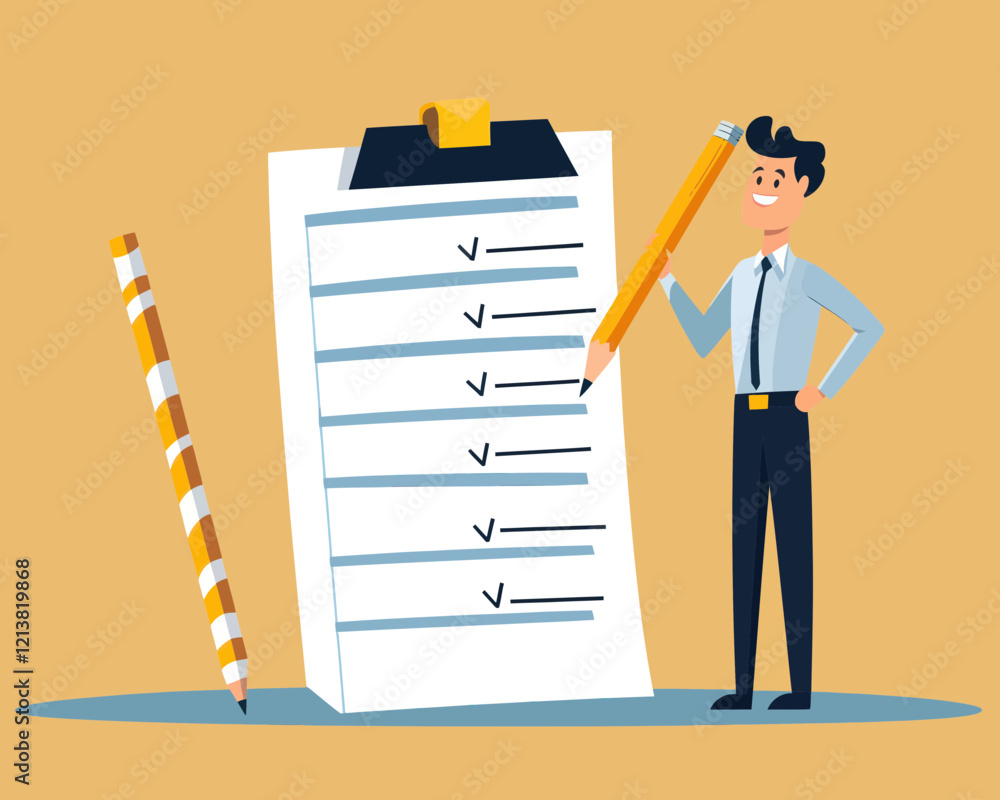 Aufkleber confident businessman with checklist on notepad and pencil vector illustration for task completion a