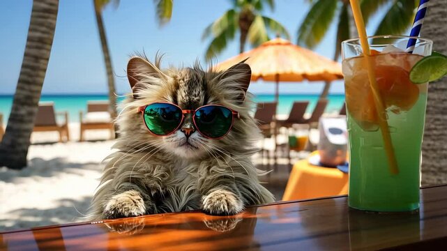 Persian cat wearing sunglasses enjoying tropical cocktail on beach