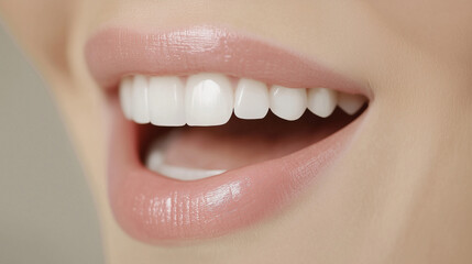 Fototapeta premium Radiant Smile: Close-up of a person's mouth, showcasing a perfect smile with pearly white teeth, capturing the essence of joy, health, and beauty. 