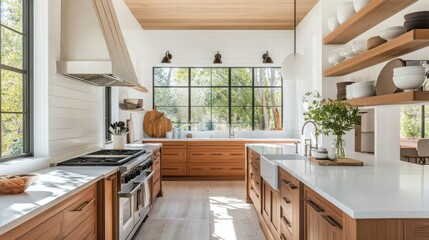Modern Kitchen Interior with Wooden Cabinets and Natural Light