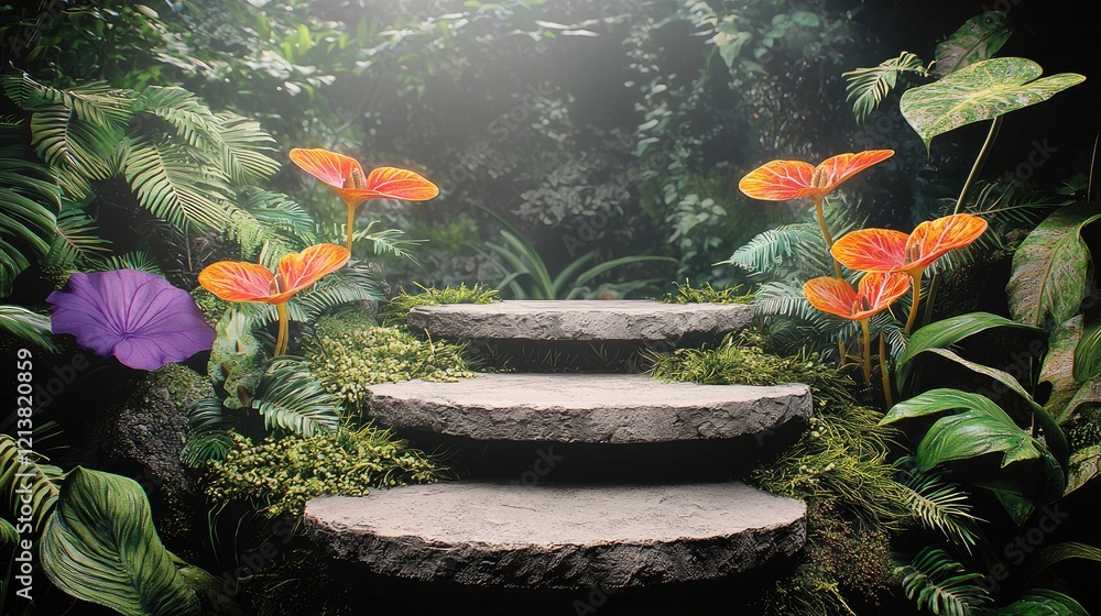 Poster a tropical rainforest with a podium, featuring three steps made of weathered wood and stone, adorned