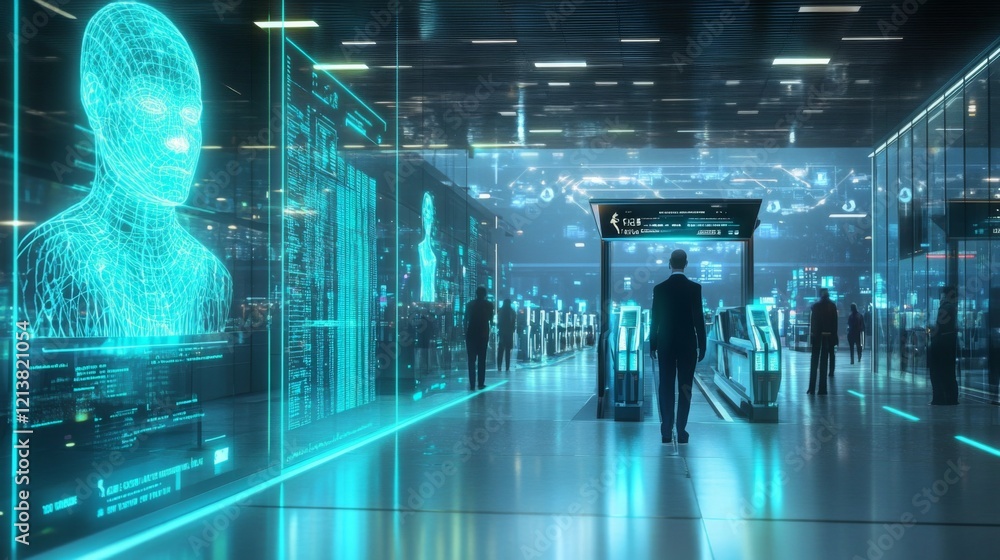 Fototapete A man walks through a futuristic terminal building at night. Large digital displays line the walls projecting cyan holographic images of human forms and data streams.