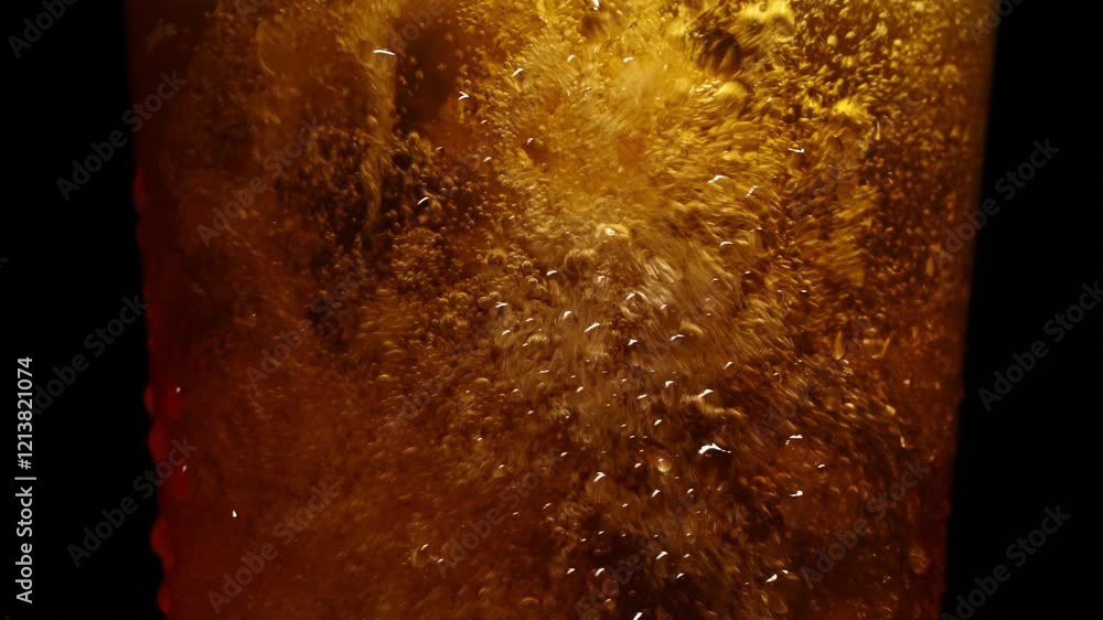 Poster close up macro shot of golden beer pouring into glass with dynamic foam and bubbling texture dark am