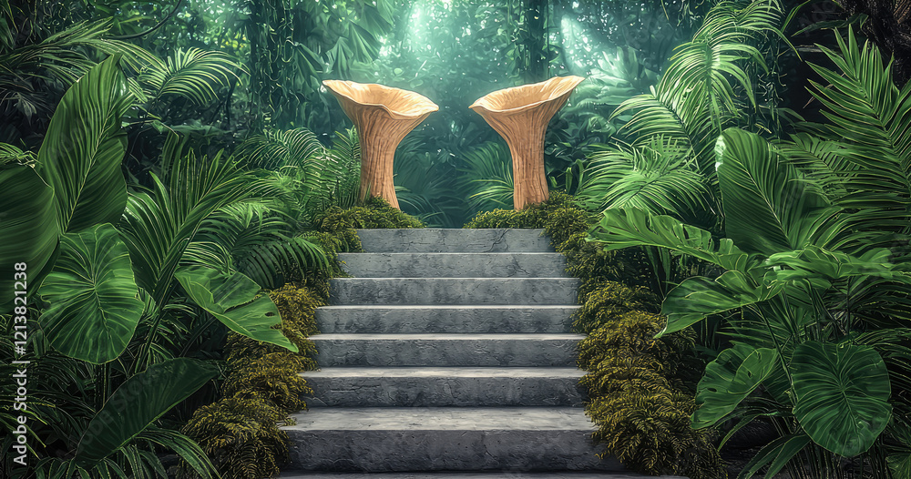 Poster a tropical rainforest with a podium, featuring three steps made of weathered wood and stone, adorned