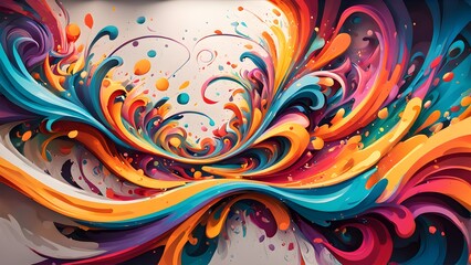 Abstract vibrant swirls of teal, orange, purple, and pink paint create a dynamic, colorful explosion.