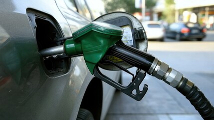 Fuel Pump Nozzle Inserted Into Car Gas Tank at Service Station