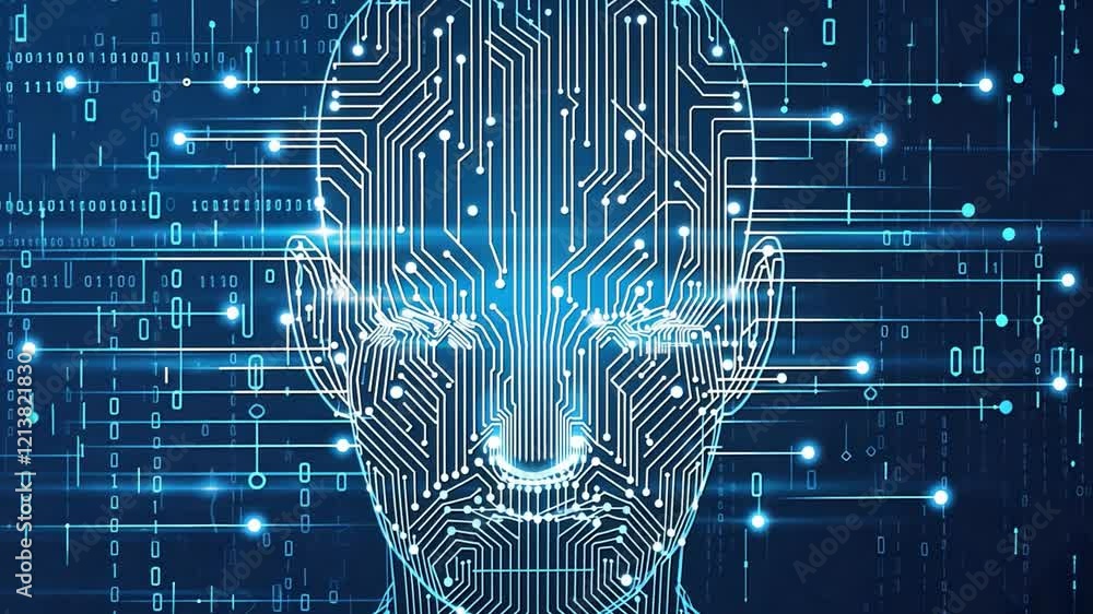 Poster digital mind: abstract representation of artificial intelligence, a human head overlaid with a circu
