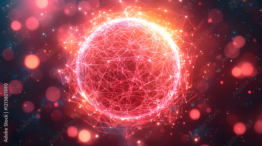 Poster sphere with a network of interconnected lines and dots representing data visualization and technolog