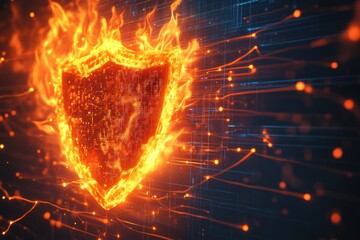 Obraz premium Flaming shield cybersecurity digital attack threat
