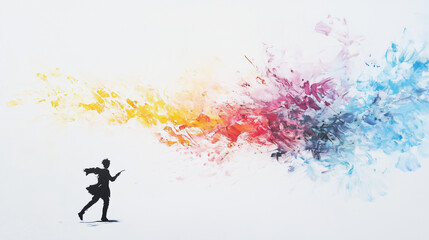 A Burst of Color: A minimalist silhouette of a person gracefully moving, their hand extended, generating a vibrant burst of colorful paint, creating a dynamic and hopeful abstract art piece.