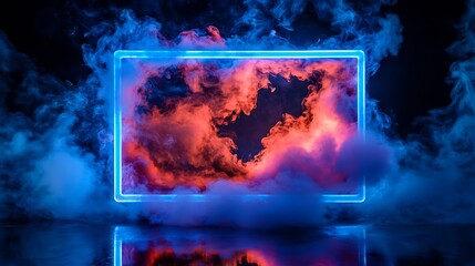 Dark smoky space with neon blue frame casting dramatic reflection on a shiny surface below