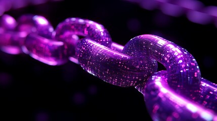 3D purple chain with binary code on a black background