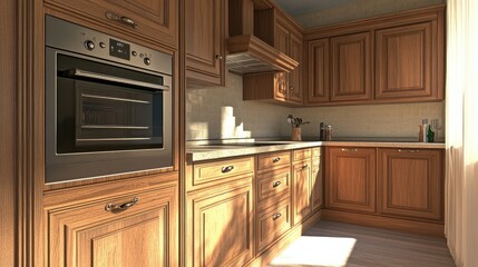 Fototapeta premium Modern wooden kitchen interior with natural light and appliances