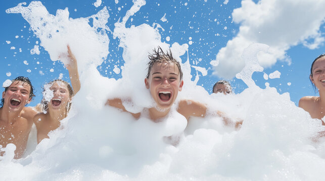 Foam Party Fun: Teenagers joyfully immerse themselves in a sea of white foam, their laughter and excitement palpable in this vibrant summer scene.  