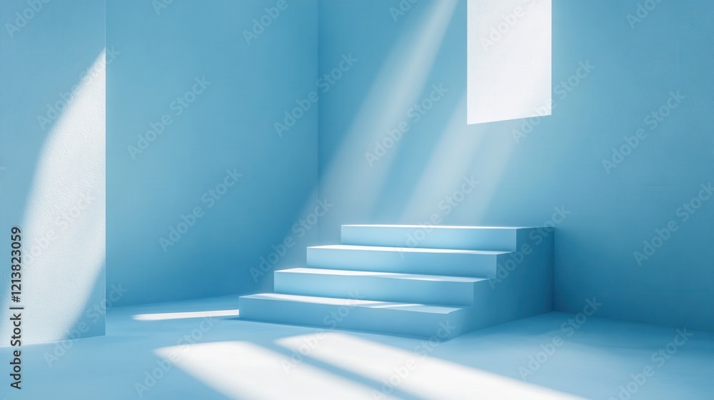 Aufkleber minimalist blue room with stairs and light streaming through a window creating soft shadows