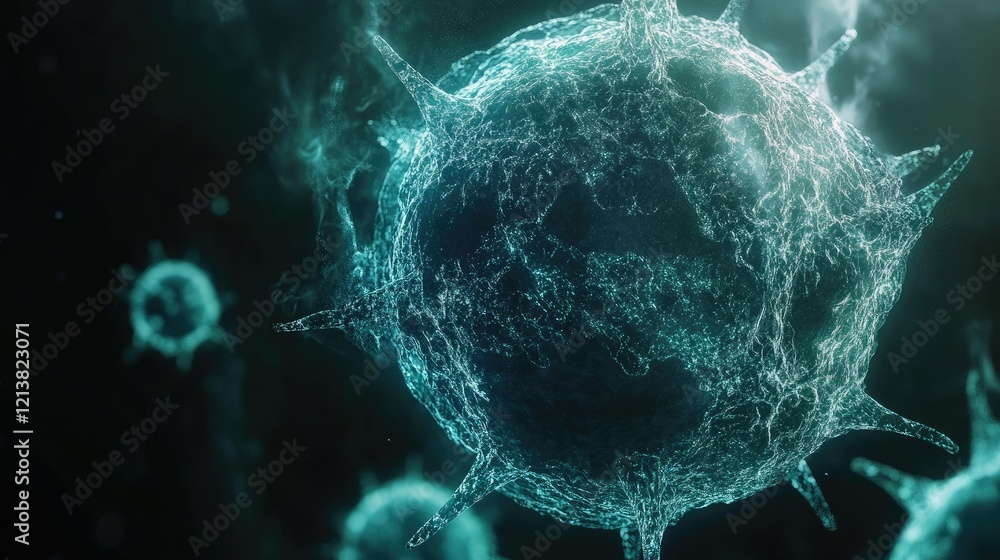 Poster microscopic view of virus structure with spikes and light effects