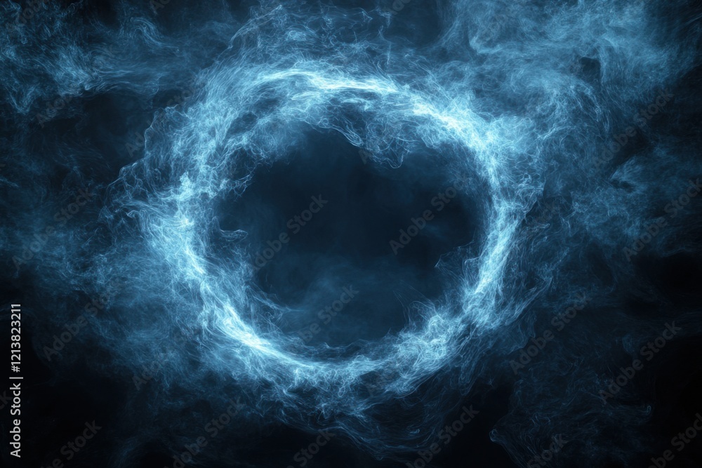 Poster mystical swirling smoke ring frame with text copy space in the middle on a black backdrop. backgroun