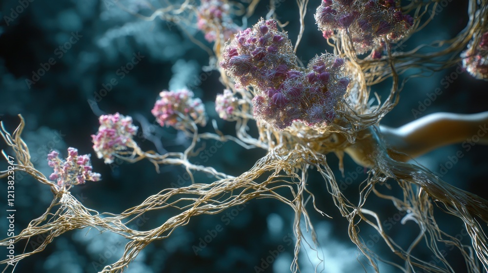 Poster microscopic neural network: a digital rendering of a neuron's intricate structure, showcasing its br