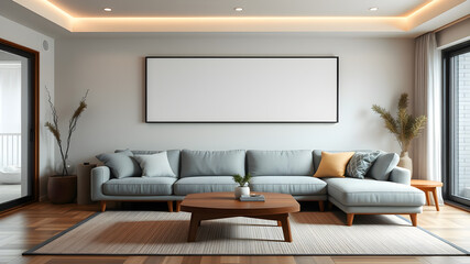 Modern Living Room Mockup: A minimalist and stylish living room with a sleek grey sectional sofa, a wooden coffee table, and a large blank canvas.