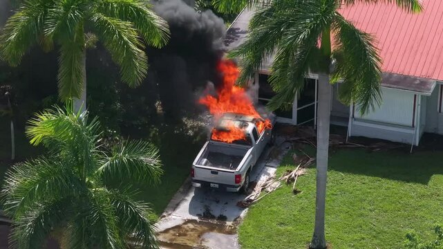 Car on fire in Florida after hurricane flooding caused electrical short circuit. Firefighters extinguishing burning vehicle.