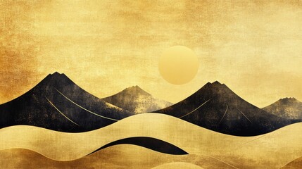 Contemporary artistic Japanese style ukiyoe with black mountain curves on a gold background, folding screen atmosphere, abstract, elegant, delicate, luxurious, retro dramatic graphic design elements.