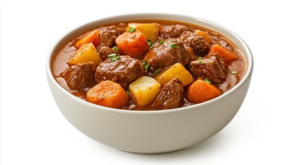 Hearty Beef Stew with Potatoes and Carrots in Rustic Bowl, Close-up Food Photography