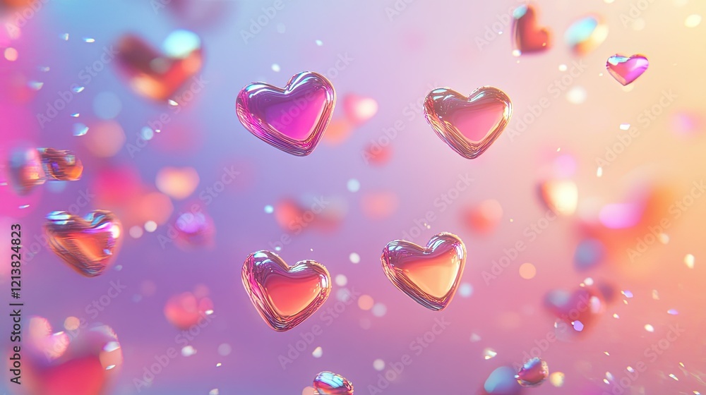 Aufkleber colorful floating hearts with soft background lights and bokeh effect