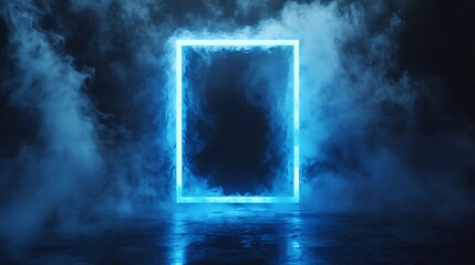 Floating glowing blue rectangular frame in dark smoky room casting a mirrored reflection