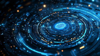 Futuristic AI brain in a digital circuit.