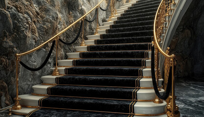 Luxury black carpet down a luxury stairway with gold stanchions with black luxurious velvet ropes, gold and white color.
