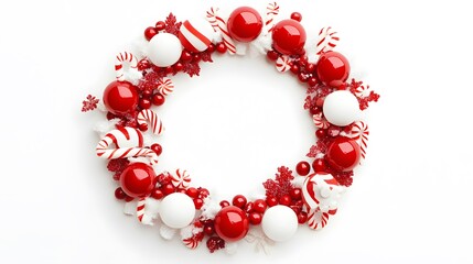 Obraz premium Festive Christmas Wreath Decorated With Red And White Ornaments
