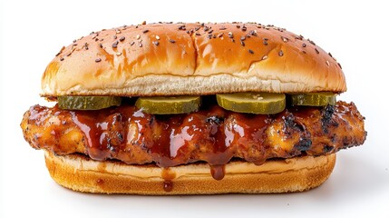 Juicy Barbecue Chicken Sandwich with Pickles on Toasted Roll